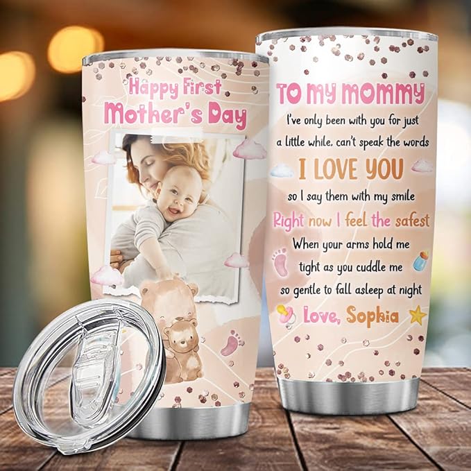 Personalized First Mothers Day Tumbler Gift For New Mom, Wife From Husband, Birthday Mothers Day Christmas Gifts For Women, Wife, Expecting Mom Gift, Custom Photo Frame Insulated Travel Cup 20oz 30oz