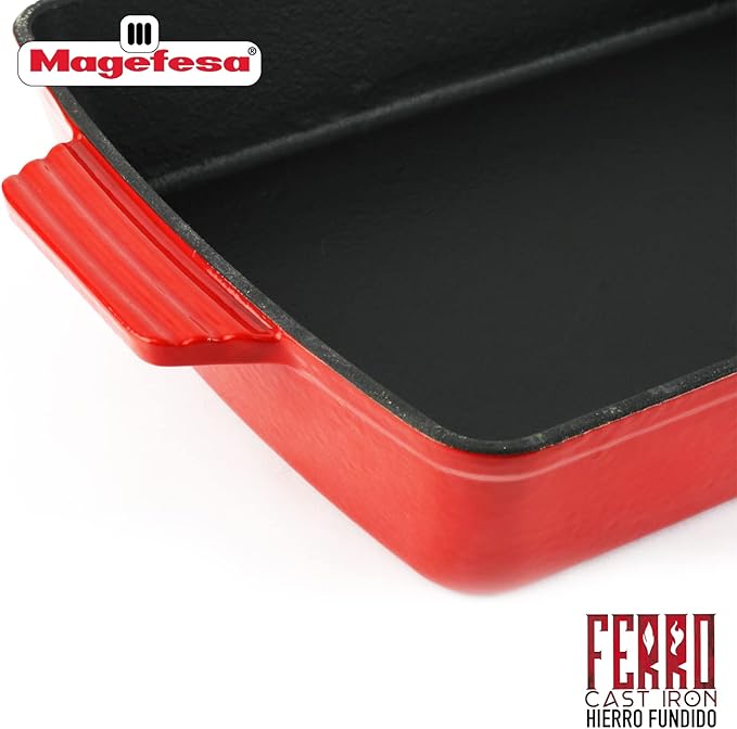 Magefesa FERRO 13.4-Inch Enameled Cast Iron Red Baking Pan, Superior Heat Retention & Distribution, Compatible with All Cooktops, Induction & Oven Safe, Energy-Efficient, Durable, Easy to Clean