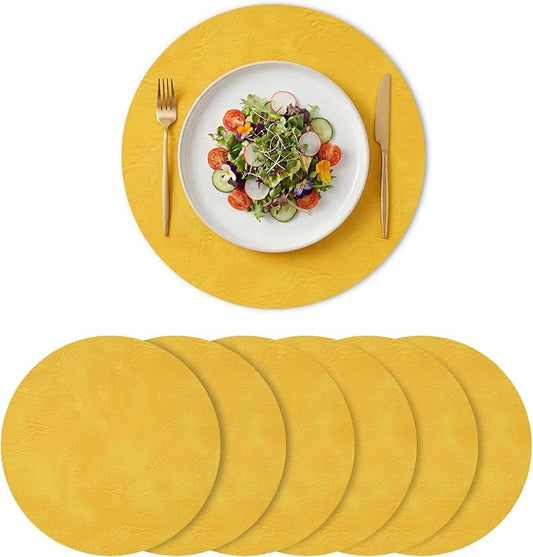 Artoid Mode Yellow Faux Leather Placemats Set of 6, 15 Inch Waterproof Wipeable Heat Resistant Place Mats, Reversible Table Mats for Summer Kitchen Dining Decor