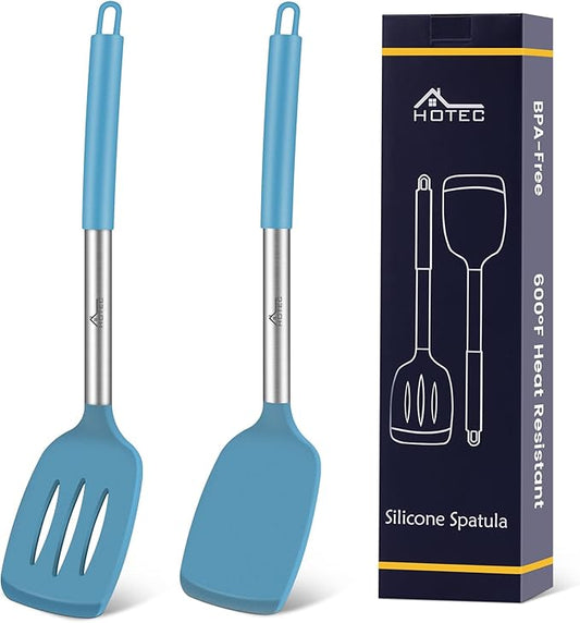 HOTEC Silicone Spatula Set of 2 Heat-Resistant 600째F & BPA-Free Kitchen SaptulaTurner with Stainless Steel Handles, Slotted & Solid Spatulas for Nonstick Cookware, 13.7 Inch, Blue