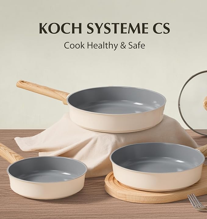 KOCH SYSTEME CS 8 Inch Non Stick Frying Pan, Nonstick Ceramic Frying Pan with Heat-Resistant Handle, Non Toxic Cooking Pan, Induction Compatible Skillet, Dishwasher Safe, Cream White
