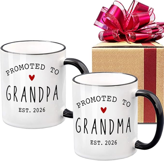 VLUG EST 2026 Promoted to Grandparents Mugs Set Gift for New Grandparents, First Time Grandpa Grandma Mugs Set, Pregnancy Reveal Announcement Mug Gifts, Baby Reveal Publicity Gift