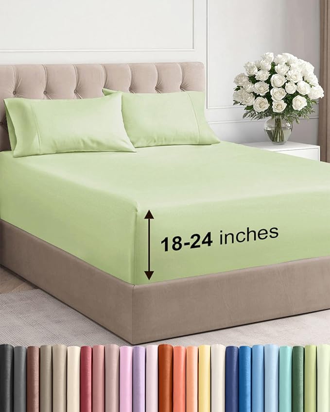Extra Deep Twin XL Sheet Set - 4 Piece Breathable and Cooling Sheets - Hotel Luxury Bed Sheets Set - Easy Fit - Soft, Wrinkle Free and Comfy Sheets Set - Light Sage Sheet Set with Extra Deep Pockets