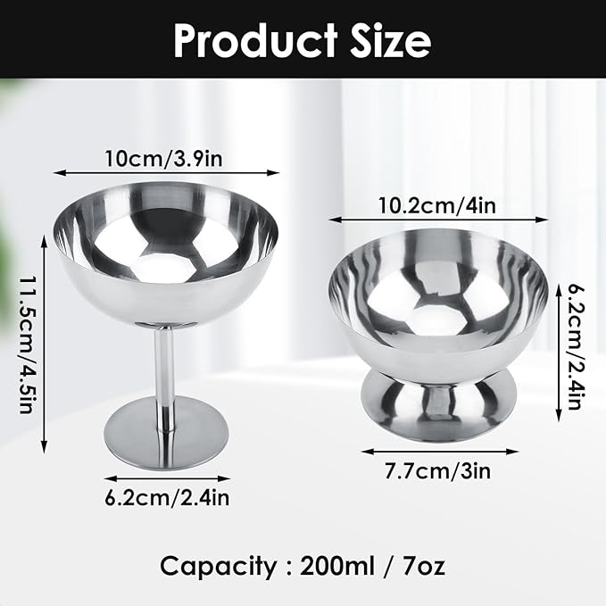 Hapivida Ice Cream Cup, 7oz/200ml Stainless Steel Serving Dessert Bowls Silver Ice Cream Dish Sauce Bowls Footed Yogurt Snack Candy Cups for Salad Fruit Pudding