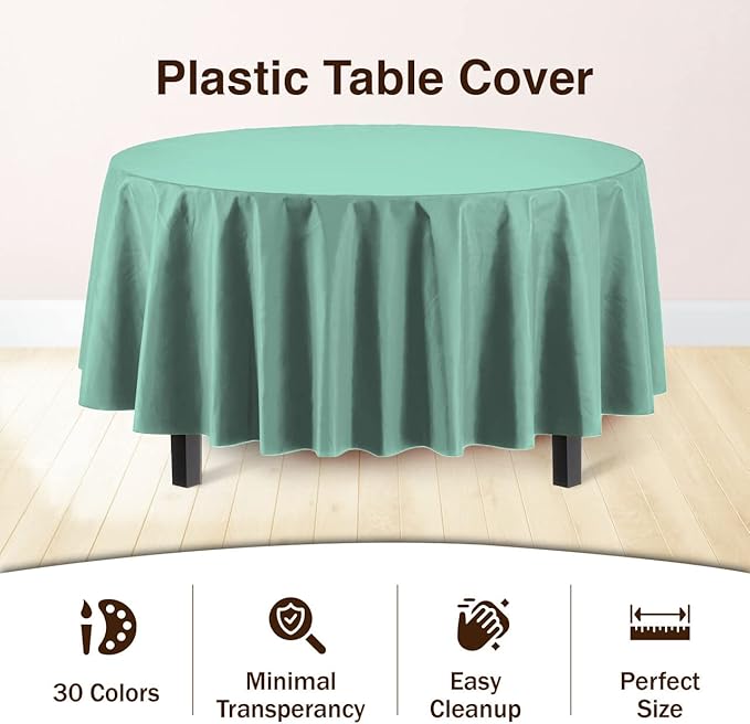 Party Solids 6-Pack Premium Plastic Tablecloth 84in. Round Plastic Table Cover - Mint