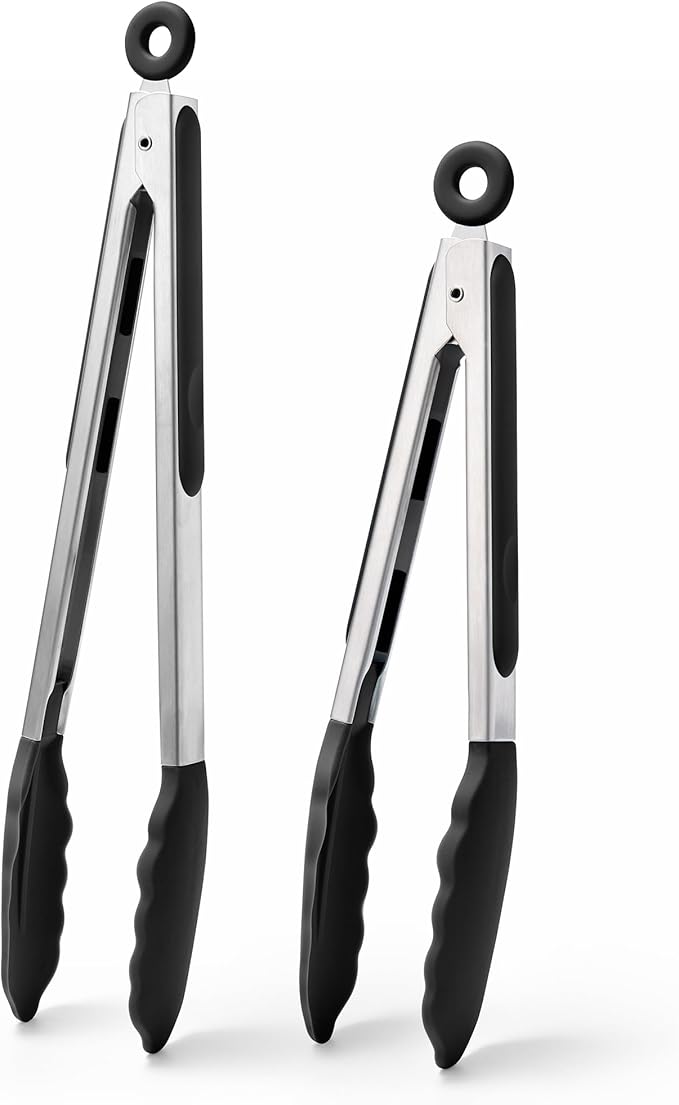 Doosu Kitchen Tongs for Cooking - 600째F Heat Resistant Food Tong Set with Non-Scratch Silicone Tips, Heavy Duty Stainless Steel Locking Tong for BBQ, Grilling Steak, Serving Salad (9+12in, Black)