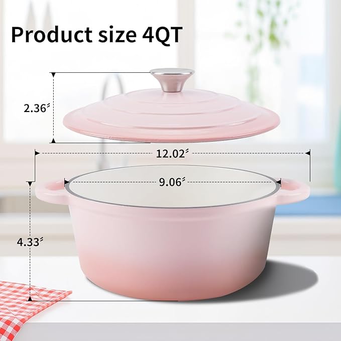 Enameled Cast Iron Dutch Oven Pot with Lid Heavy-Duty Cookware for Bread Baking,Braising,Stews,Roasting,Oven Safe up to 500째F,4QT,pink