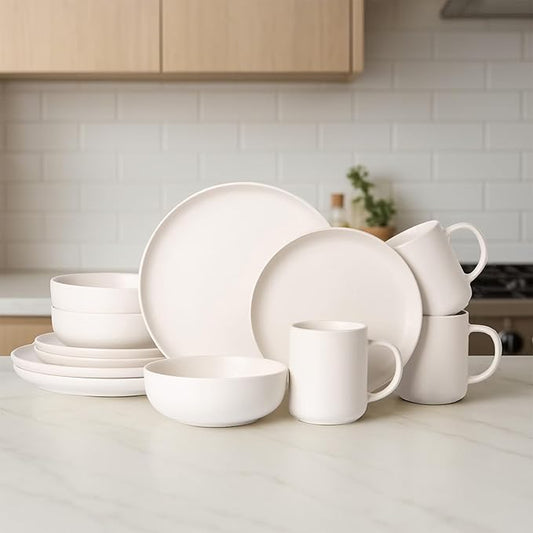Furrnook 12-Piece Stoneware Dinnerware Set with Mugs | Microwave and Dishwasher Friendly | Stackable Matte Glaze Plates & Bowls | Service for 3 (White for 3)