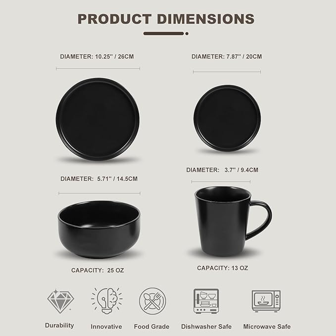 EWFEN 32-Piece Ceramic Dinnerware Sets with Mugs for 8, Black Plates and Bowls Set with Classic Design, Scratch Resistant Dishes Set, Dishwasher & Microwave Safe