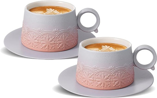 ZENS 7.3 Ounce Cappuccino Cups Set of 2, Artistic Embossed Ceramic Cappuccino Coffee Cups and Saucers, Double Espresso Cups Set of 2 for Au Lait, Matcha Latte or Tea, Women Gifts, Grey Pink