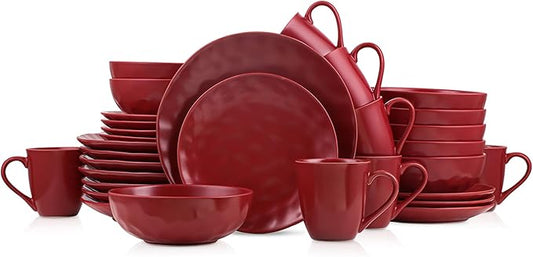 Stone Lain Sam Porcelain 32-Piece Round Dinnerware Set, Red