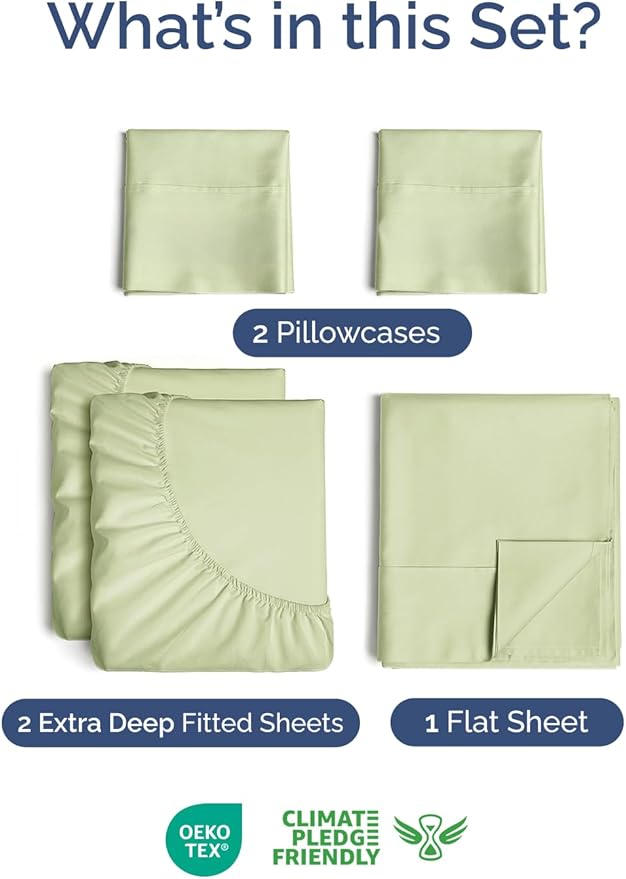 Extra Deep Pocket Split King Sheets - 5 Piece Breathable & Cooling Bed Sheets - Hotel Luxury Bed Sheet Set - Soft, Wrinkle Free & Comfy - Easily Fits Extra Deep Mattresses - Light Sage Green Sheets