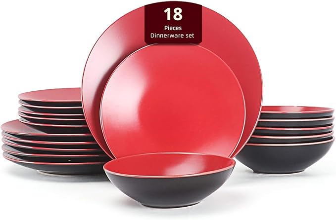 Stoneware Two-Tone Colors Life 18pc Dinner Set竊똎utside Shiny Black + Inside Matte Glaze Red