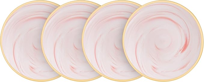 16 Piece Plates and Bowls Sets, Fine China Artisan Marbled Dinner Set for 4, Dishwasher Safe, Scratch Resistant, Pink with Gold Line