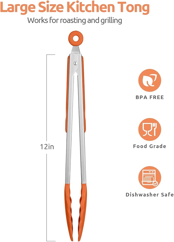 600쨘F Heat Resistant Kitchen Tongs: U-Taste 12 inch Large Silicone Cooking Tong with Sturdy Non Stick Rubber Tips & Silicon Coated 18/8 Stainless Steel Handle & Smooth Locking for Serving Grill-Orange