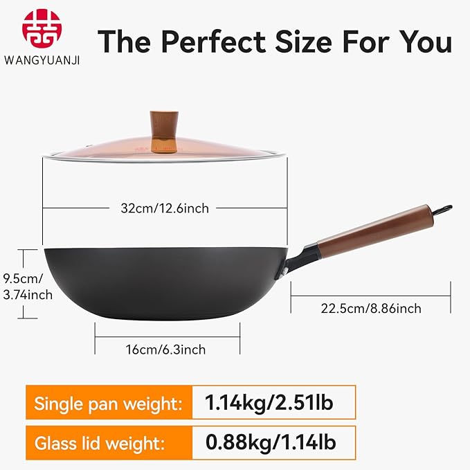 WANGYUANJI 12.6" Pure-Iron Wok with Glass Lid, Flat-Bottom Lightweight Chinese Stir-Fry Pan, Wooden Handle, Uncoated ??Induction/Gas/Electric Compatible, Not Pre-Seasoned (Seasoning Required)