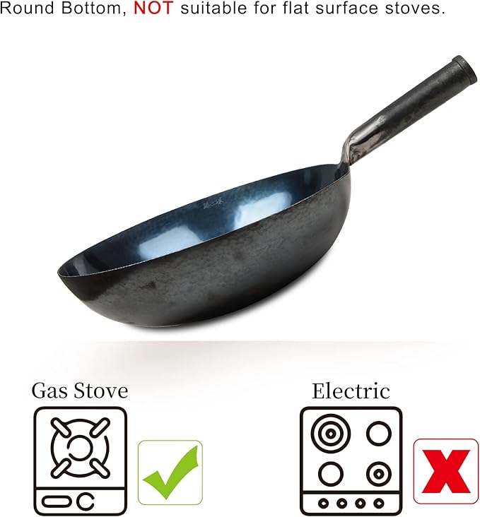 ?삡툒??ZhenSanHuan Chinese Hand Hammered Iron Woks and Stir Fry Pans, Non-stick, No Coating, Carbon Steel Pow (32CM, Blue Black - Seasoned)