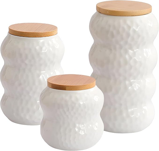 Ceramic Canister Set of 3, Kitchen Canisters for Countertop, White Food Storage Containers with Lids for Coffee, Bean, Sugar, Tea, Spices and More, Home Decor