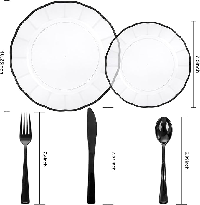 EI 150pcs Clear and Black Plastic Plates Dinnerware Disposable Party Set for 30Guests,Dinnerware Include 60 Clear Plates Disposable 90 Black Silverware,Perfect for Party,Business Events,Hotel