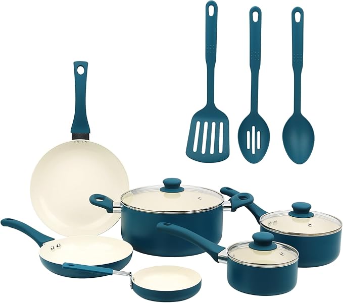 12 Piece Ceramic Nonstick Aluminum Pots and Pans Cookware Set Non-stick ceramic coating Suitable for all stoves except induction cooktops.