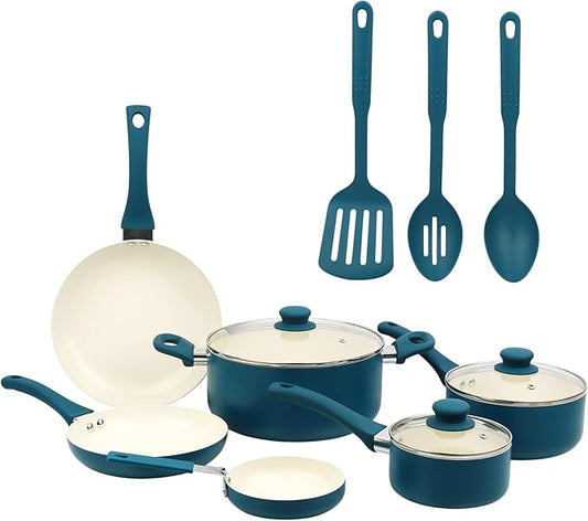 12 Piece Ceramic Nonstick Aluminum Pots and Pans Cookware Set Non-stick ceramic coating Suitable for all stoves except induction cooktops.
