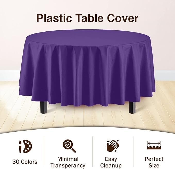 Party Solids 6-Pack Premium Plastic Tablecloth 84in. Round Plastic Table Cover - Purple