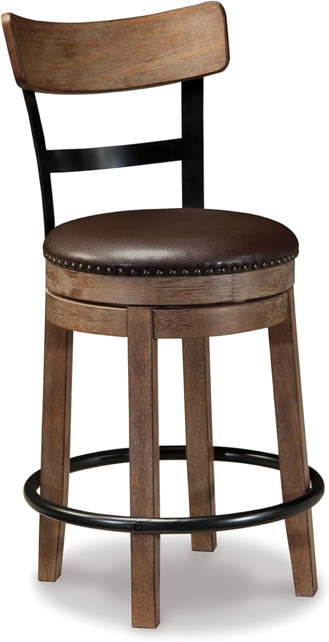 Signature Design by Ashley Pinnadel |24.25" Counter-Height Swivel Bar Stool ??Modern Farmhouse, Faux Leather, 360째 Swivel, Nailhead Trim, Rustic Light Brown