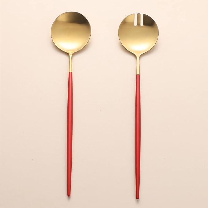 Salad Servers,Spoon and Fork Set 11.41 inch,18/10 Stainless Steel Salad Serving Titanium Plating (Red gold)