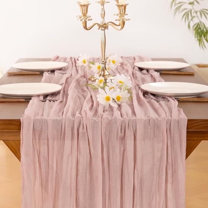 Socomi 6pcs Pink Cheesecloth Table Runner Valentine's Day Boho Rustic Gauze Dusty Pink Farmhouse 120 inch 10FT Cheese Cloth Runner for Wedding Party Baby Shower Birthday Home Decor