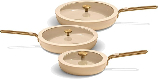 Our Place 8-Piece Essentials Complete Cookware Set - Ceramic Fry Pan Trio & Modular Rack Storage | Nontoxic Thermakind??Nonstick, Oven Safe up to 450째F & Compatible with All Cooktops | Cream