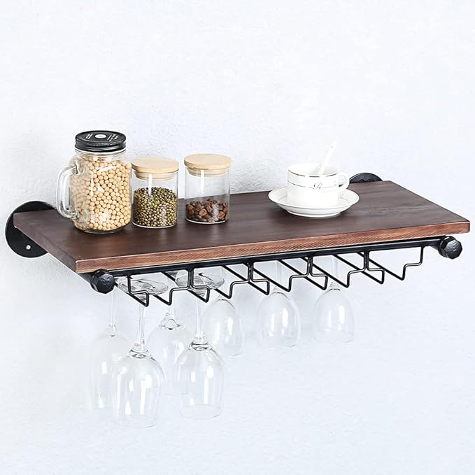 Industrial Wine Rack Wall Mounted with 5 Glass Holder,Wine Glass Rack Floating Wine Glass Shelf,24in Pipe Shelving Hanging Wood Shelves