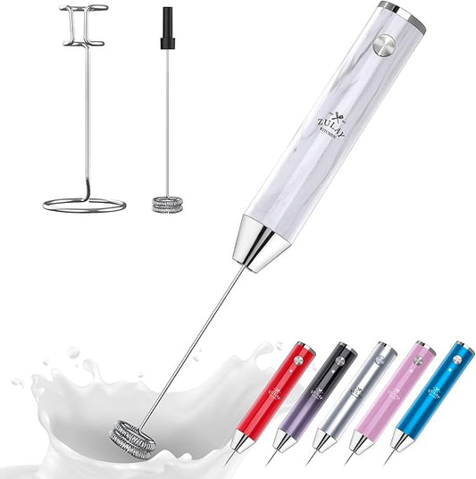 Zulay Kitchen Lux Electric Milk Frother Rechargeable Handheld - Powerful 2-Speed Motor, Waterproof, 2000mAh Battery - Drink Mixer for Latte, Cappuccino, Matcha & Protein Powder - White Marble