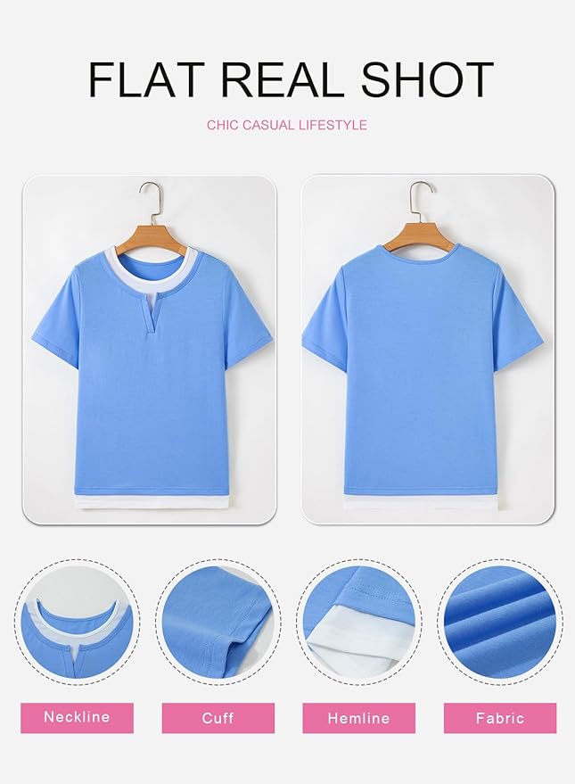SHEWIN Womens Tops Casual Crewneck Color Block Short Sleeve Mock Double Layer T-Shirt Summer Outfits for Women 2026