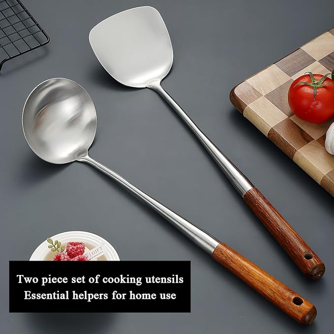 17??Wok Spatula & Ladle Set, Stainless Steel Wok Tools with Wooden Handle, Heat-Resistant Chinese Turner & Deep Soup Ladle, 2-Piece Wok Utensils for Stir-Fry, Wok Accessories