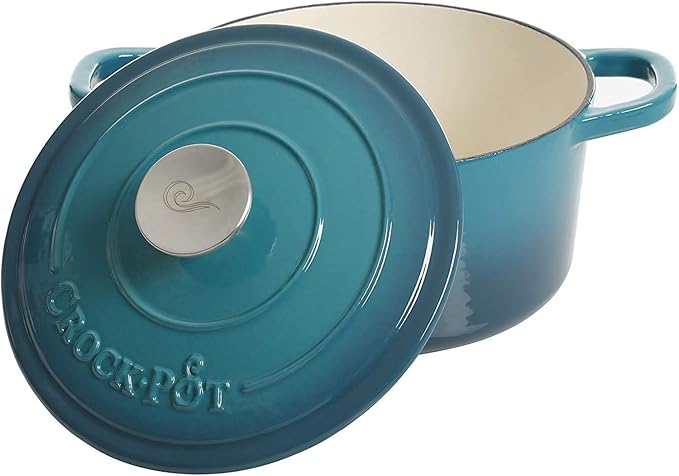 Crock-Pot Artisan 3-Quart Round Enameled Cast Iron Dutch Oven ??Gradient Teal, Durable Heavy-Duty Cookware for Slow Cooking, Roasting, Baking with Lid