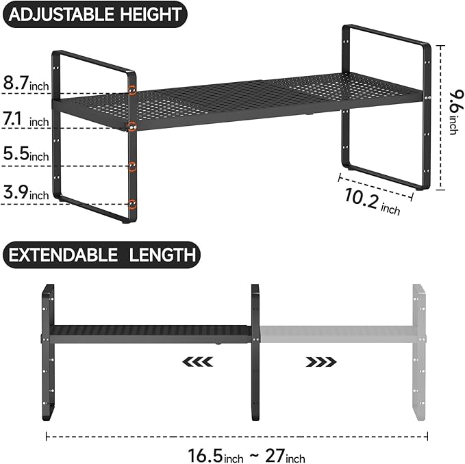 Expandable Cabinet Countertop Shelves 16.5-27?쇺셂, Adjustable Metal Spice Rack Organizer, Stackable Kitchen Counter Storage Shelves Organizers for Cabinet Organization, Black