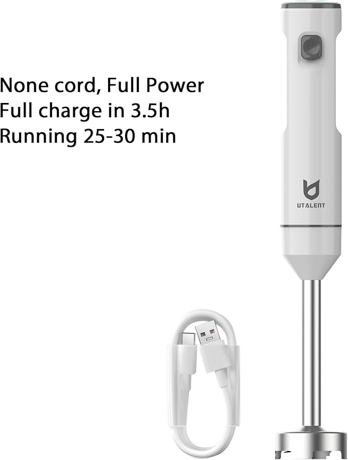 Cordless Hand Blender, UTALENT Variable Speed Immersion Blender handheld Rechargeable, with USB-C Charging Cable, Egg Whisk, for Smoothies, Milkshakes, Hummus and Soups ??White