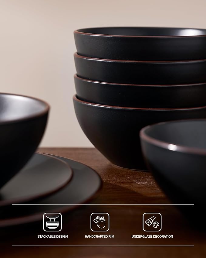 Famiware Venus Speckled Dinnerware Set with Pasta Bowls, Service for 6 (24 Pieces), Stoneware Plates and Double Bowls Sets, Microwave & Dishwasher-Safe Dishes with Trim, Matte Black