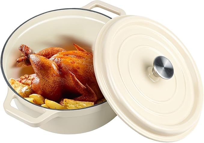 Miereirl 6.5 Quart Enameled Dutch Oven Pot with Lid, Cast Iron Dutch Oven with Dual Handles for Bread Baking, Cooking, Non-stick Enamel Coated Cookware (Beige)