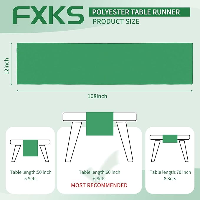 12 Pack Green Table Runner 9FT Polyester Table Runners,12x108 inch Rustic Farmhouse Table Runner, Washable and Reusable Table Runners for Wedding Birthday Parties Banquet Christmas