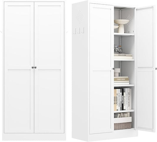 Metal Pantry Cabinet, Kitchen Pantry Storage Cabinets with 2 Door and 4 Adjustable Shelves, Utility Metal Storage Cabinet for Home, Living Room, Pantry (White)