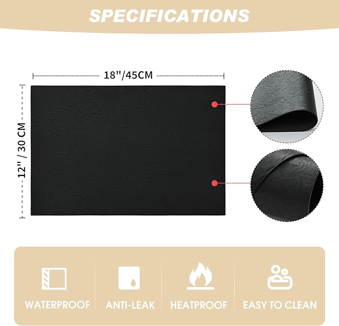 Artoid Mode Black Faux Leather Placemats Set of 6, 12x18 Inch Waterproof Wipeable Heat Resistant Place Mats, Reversible Table Mats for Kitchen Dining Decor
