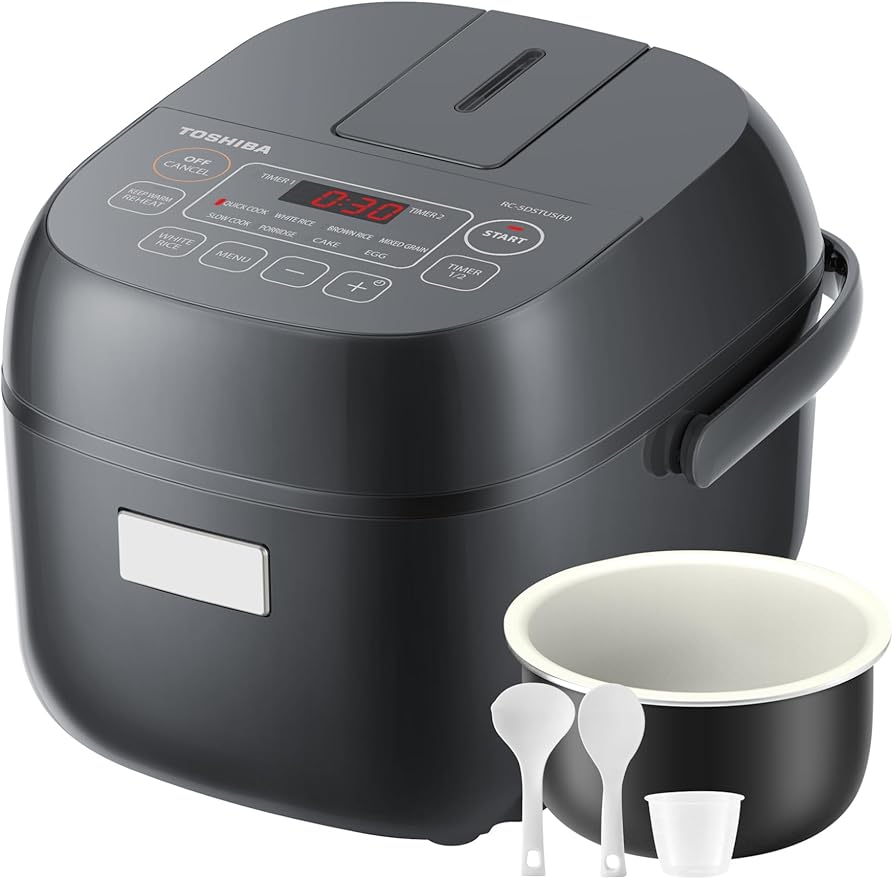 TOSHIBA Rice Cooker Small 3-Cup Uncooked??LCD Display with 8 Cooking Functions: Rice, Oatmeal, Mixed Grains and More, NonStick Inner Pot, Grey