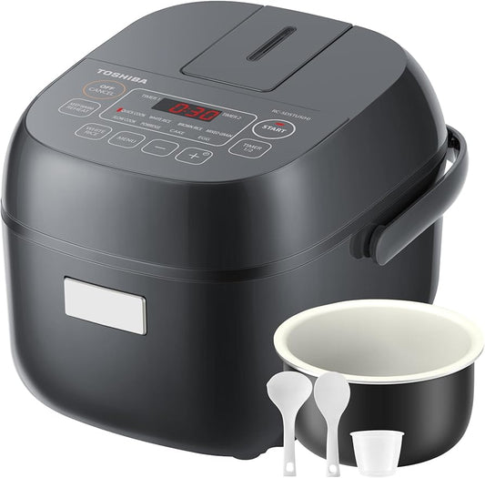 TOSHIBA Rice Cooker Small 3-Cup Uncooked??LCD Display with 8 Cooking Functions: Rice, Oatmeal, Mixed Grains and More, NonStick Inner Pot, Grey
