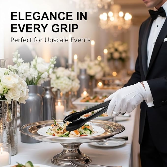 Plastic Tongs for Serving (Pack of 6) 9 Inch - Heavy-Duty Hard Plastic Reusable or Disposable Serving Tongs for Catering, Dinner Parties, Banquets, Buffets, Events, Weddings and Everyday Use, Black