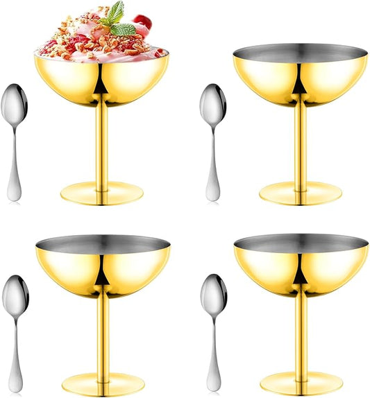 Ice Cream Bowls Stainless Steel Dessert Cups with Spoons Reusable Footed Sundae Cups Ice Cream Cups for Dessert, Frozen Yogurt, Gelato, Birthday Party Decorations (4, Glod)