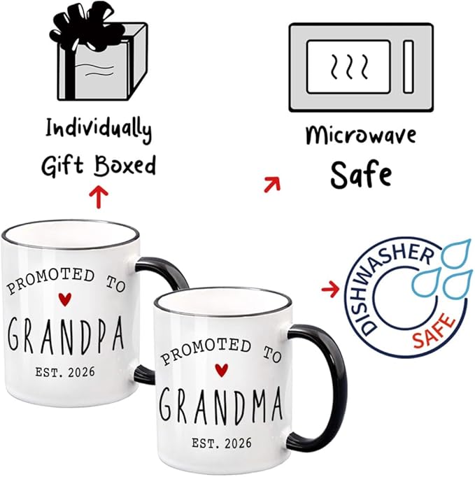 VLUG EST 2026 Promoted to Grandparents Mugs Set Gift for New Grandparents, First Time Grandpa Grandma Mugs Set, Pregnancy Reveal Announcement Mug Gifts, Baby Reveal Publicity Gift
