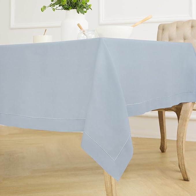 Solino Home Dusty Blue Linen Tablecloth 60 x 120 Inch - 100% Pure Linen Hemstitch Table Cloth for Rectangle Tables - Classic Hemstitch, Machine Washable Tablecloth for Winter, Spring, Easter