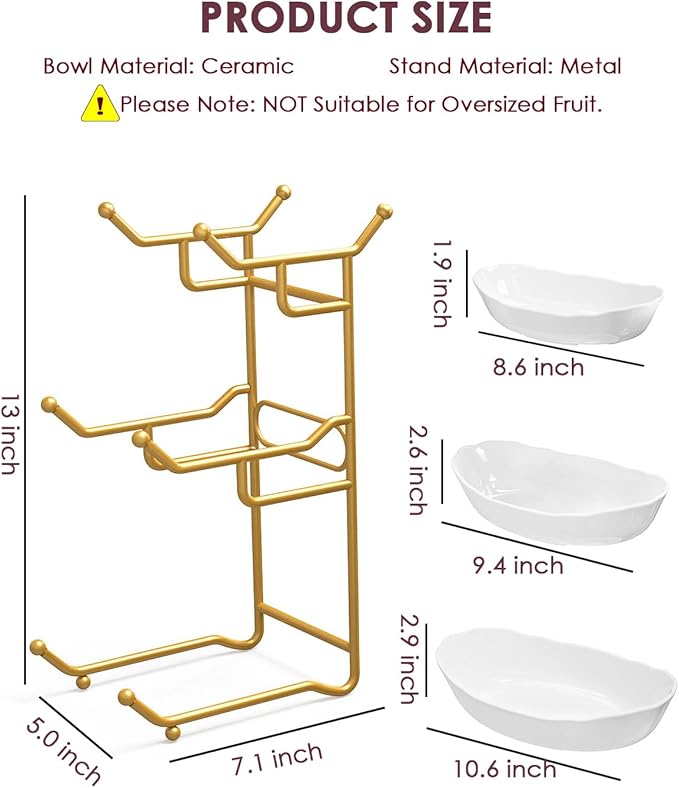 Ceramic Fruit Bowl for Kitchen Counter, 3 Tier Fruit Basket for Countertop, Tiered Fruit Stand with Metal Holder for Snacks, Nuts, Cake, Dessert, Party Display, Gold, White