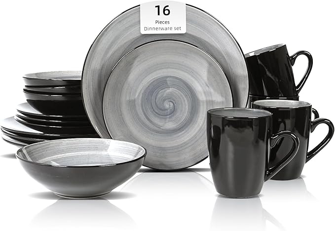 Stoneware Sonoma 16pc Dinnerware Set, Black + Speckled Spin Wash Grey